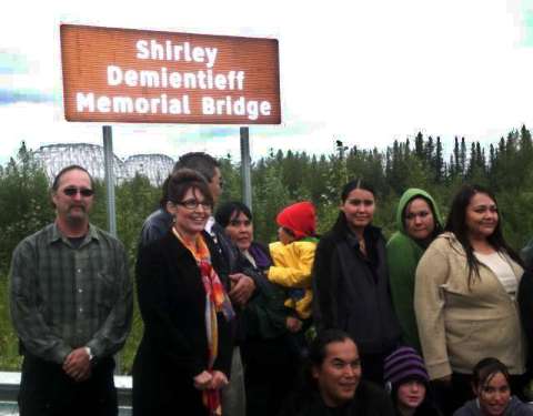 Sarah Palin with members of the late
            Shirley Dementieff's family; August 9, 2008